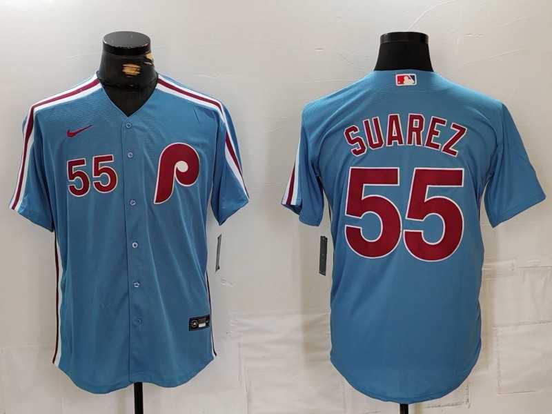 Men%27s Philadelphia Phillies #55 Ranger Suarez Number Light Blue Cooperstown Cool Base Jersey->philadelphia phillies->MLB Jersey